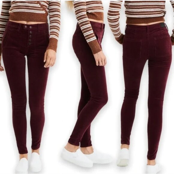 American Eagle Maroon Corduroy Hi Rise Jeggings Button Fly Size 14 Regular - Picture 1 of 14